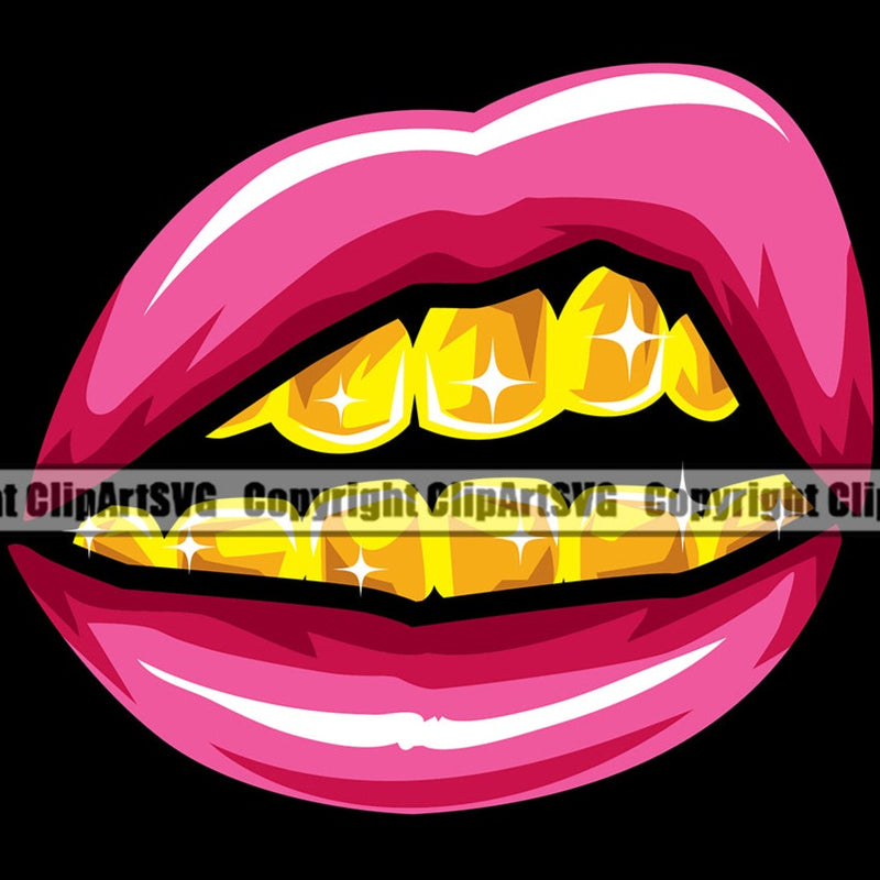 Lips Pink Black Background Gold Teeth Design Element Face Sexy Mouth Female Girl Lady Head Cartoon Character Mascot Creation Create Art Artwork Creator Business Company Logo Clipart SVG