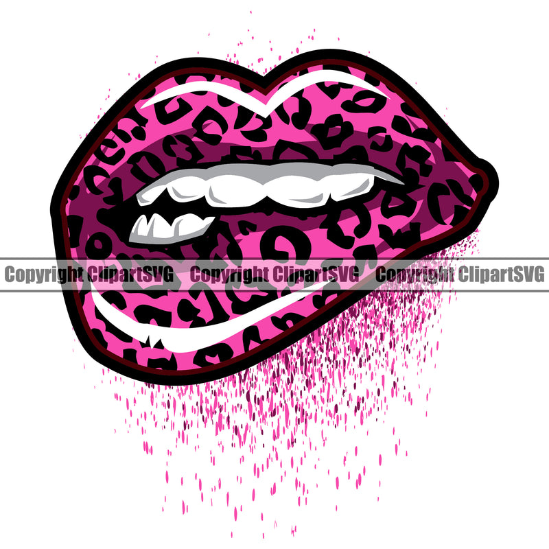Lips Bite Biting Glitter Drip Dripping Leopard Cheetah Animal Print Pink Color Drip White Teeth Design Element Face Sexy Mouth Position Woman Female Girl Lady Character Creation Create Art Artwork Creator Business Company Logo Clipart SVG