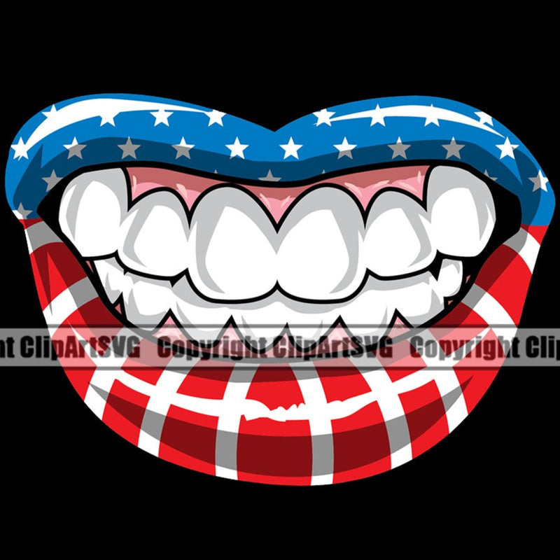 Lips USA Flag Stars And Stripes America American United States White Teeth Colorful Design Element Face Sexy Mouth Position Cartoon Mascot Creation Create Art Artwork Creator Business Company Logo Clipart SVG