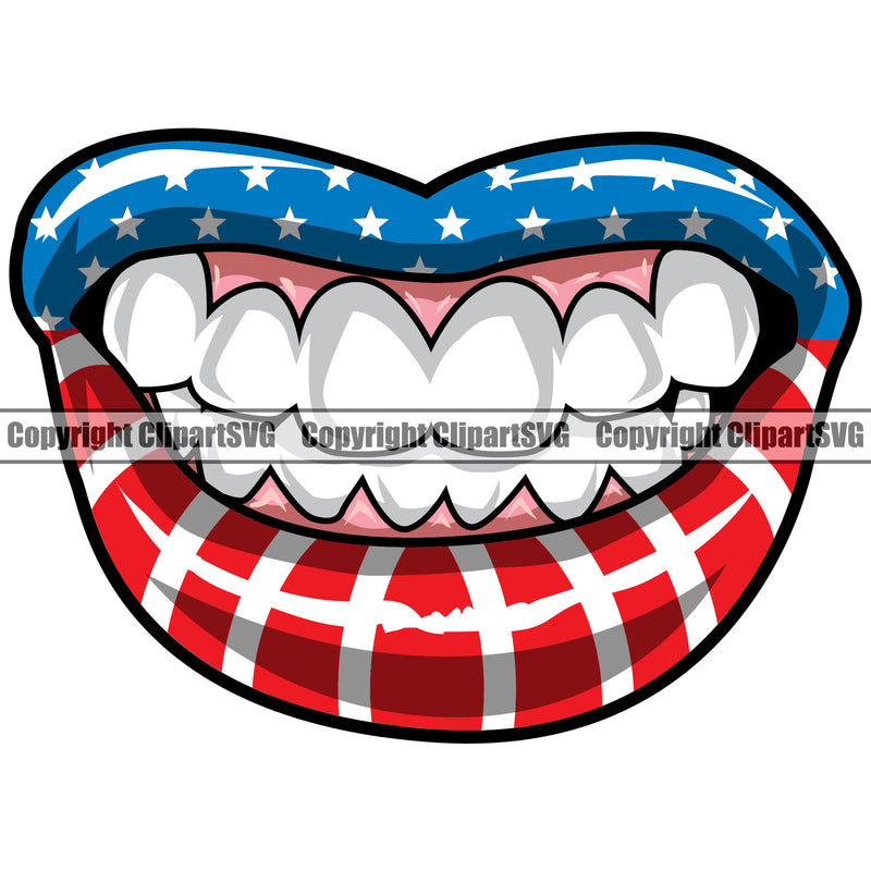 Lips USA Flag Stars And Stripes America American United States Design Element Face Sexy Mouth Position Head Cartoon Character Mascot Creation Create Art Artwork Creator Business Company Logo Clipart SVG