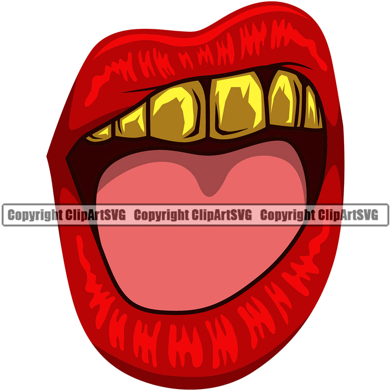 Lips Red Color Gold Teeth Gangster Grill Thug Mean Mug Bling Jewelry Design Element Face Sexy Mouth Position Head Cartoon Character Mascot Creation Create Art Artwork Creator Business Company Logo Clipart SVG