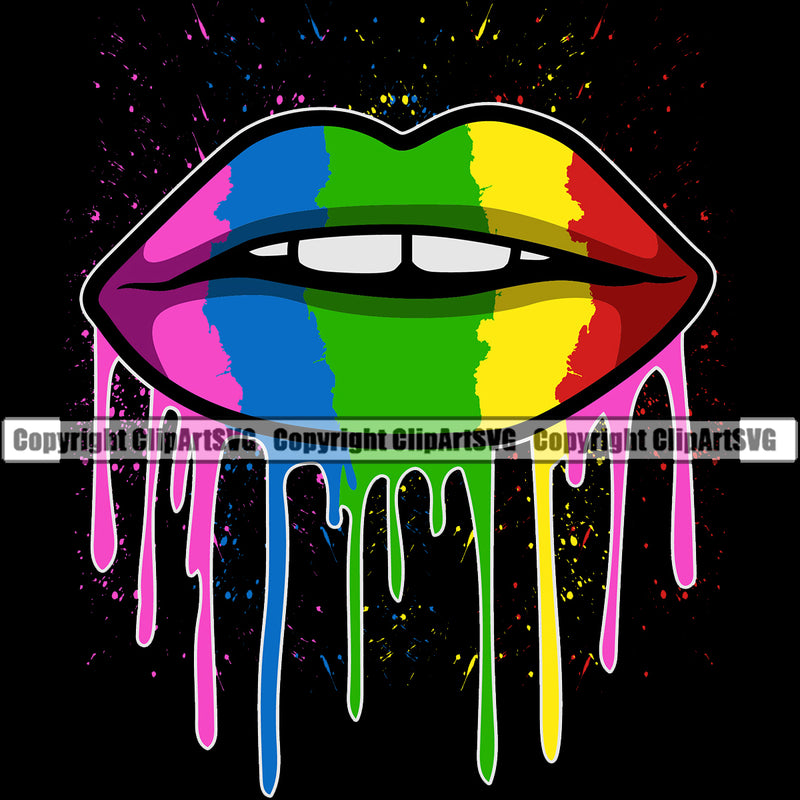 Lips Kiss Bite Lip Rainbow Color Gay Lesbian LGBT Flag Rainbow Color Dripping Design Element Black Background Face Sexy Position White Teeth Cartoon Character Mascot Creation Create Art Artwork Creator Business Company Logo Clipart SVG