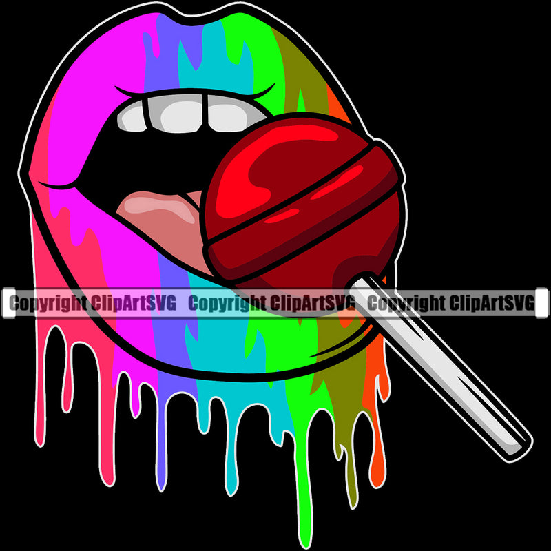 Lips Kiss Bite Lip Rainbow Color Gay Lesbian LGBT Flag Colorful Bite Biting Suck Sucking Lollipop Design Element Face Sexy Black Background Position Head Woman Female Girl Lady Character Art Artwork Business Company Logo Clipart SVG