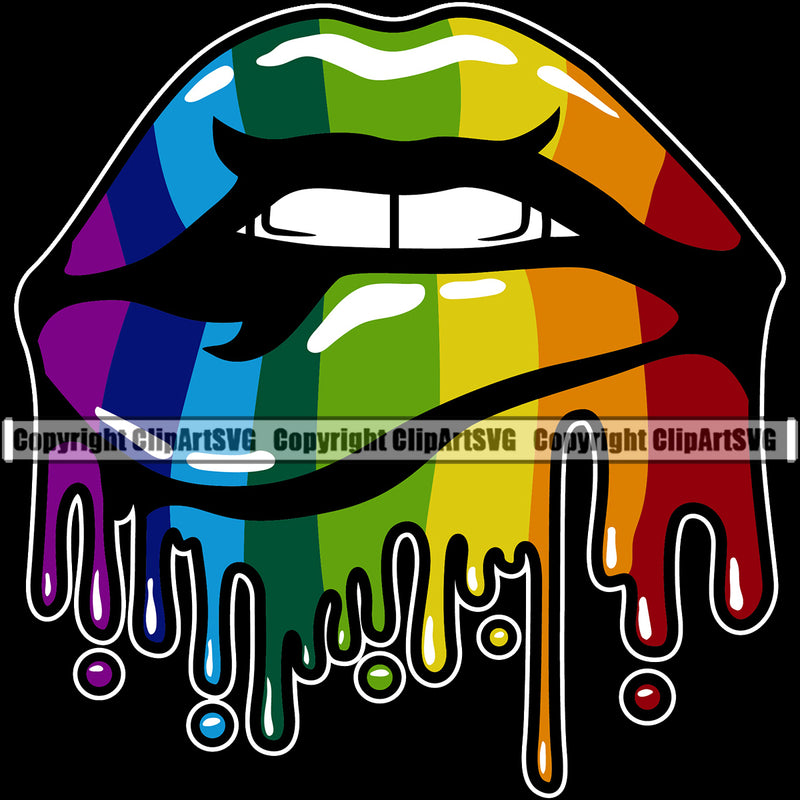 Lips Kiss Bite Lip Rainbow Color Gay Lesbian LGBT Flag Rainbow Color Design Element White Teeth Face Sexy Mouth Position Cartoon Character Creation Create Art Artwork Creator Business Company Logo Clipart SVG
