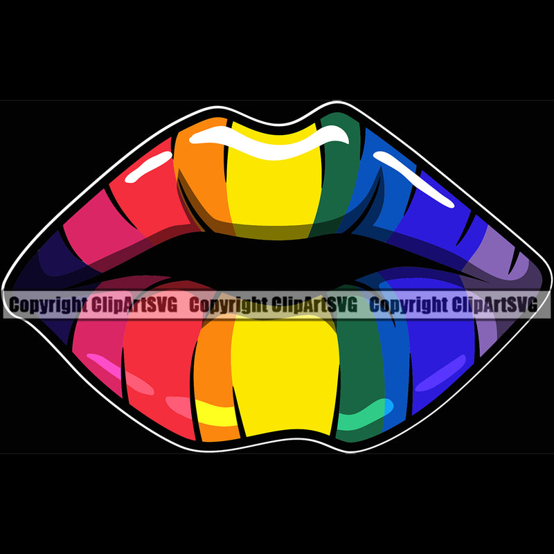 Lips Kiss Bite Lip Rainbow Color Gay Lesbian LGBT Flag Color Black Background Rainbow Design Element Face Sexy Mouth Position Woman Female Girl Lady Cartoon Character Mascot Creation Create Art Artwork Creator Business Company Logo Clipart SVG