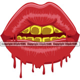 Lips Blood Drip Bloody Dripping Horror Red Color Design Element Gold Teeth Face Sexy Mouth Woman Female Girl Lady Cartoon Character Mascot Creation Create Gangster Grill Thug Mean Mug Bling Jewelry Artwork Creator Business Company Logo Clipart SVG