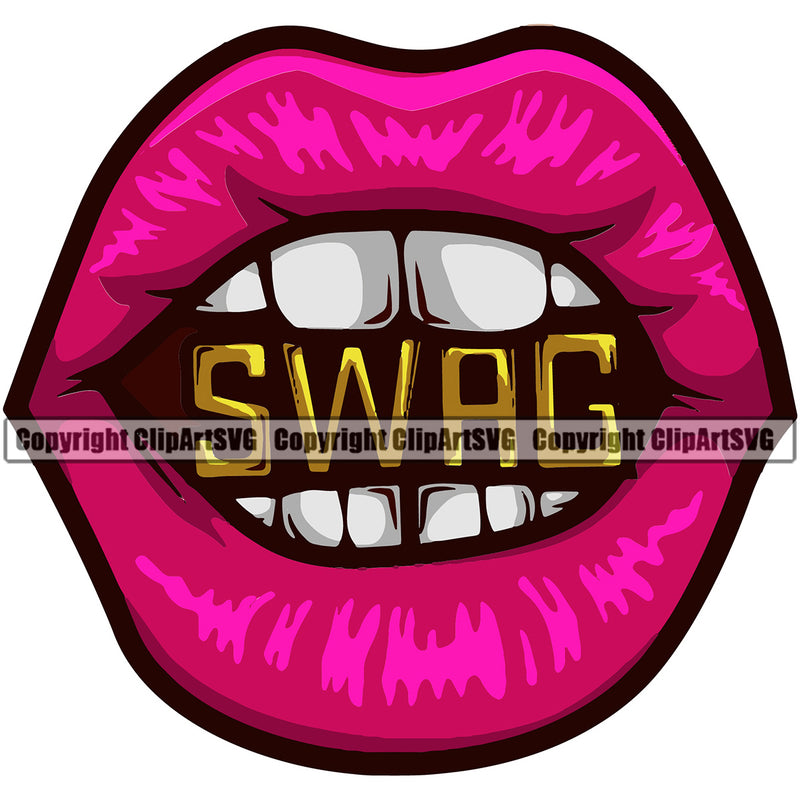 Lips Bite Biting Gold Charm Swag Design Element Face Sexy Mouth Position Woman Female Girl Lady Head Cartoon Character Mascot Creation Create Art Artwork Creator Business Company Logo Clipart SVG
