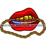 Lips Mouth Gold Teeth Bite Biting Gold Chain Necklace Design Element Gold Teeth Gangster Grill Thug Mean Mug Bling Jewelry Color Sexy Mouth Position Head Cartoon Character Mascot Creation Create Art Artwork Creator Business Company Logo Clipart SVG