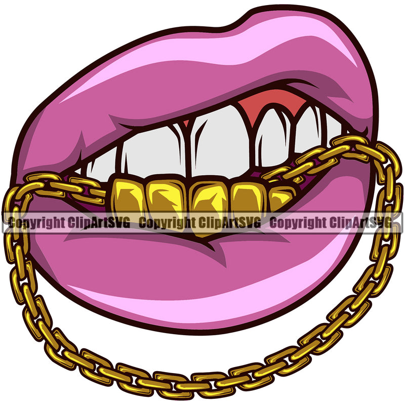Lips Chain Bite Biting Gold Teeth Design Element Bottom Gangster Grill Thug Mean Mug Jewelry Sexy Mouth Position Head Cartoon Character Mascot Woman Female Girl Lady Create Art Creator Business Company Logo Clipart SVG