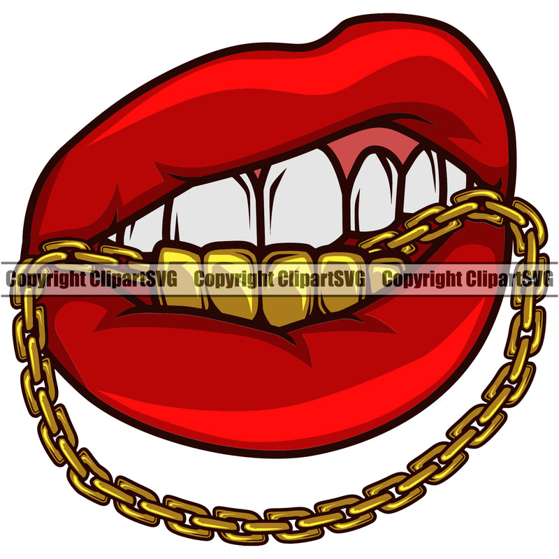 Lips Red Color Gold Teeth Design Element Bite Biting Chain Bottom Face Gangster Grill Thug Female Girl Lady Bling Jewelry Sexy Mouth Position Head Cartoon Character Mascot Creation Create Art Artwork Creator Business Company Logo Clipart SVG