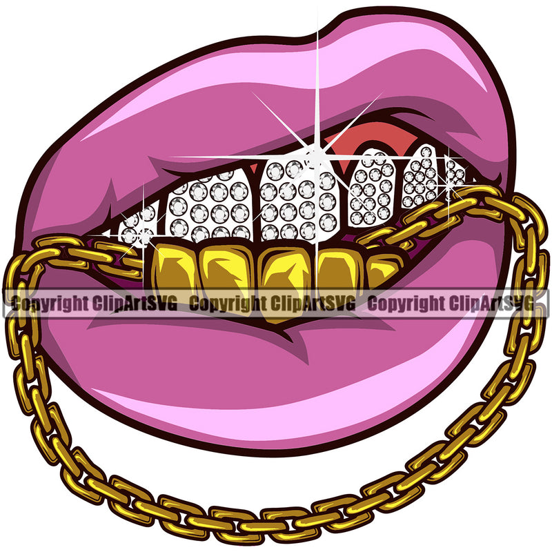 Lips Chain Gold Teeth Bottom Design Element Diamond Pink Face Mouth Woman Female Girl Lady Cartoon Character Mascot Creation Create Art Gangster Grill Thug Mean Mug Bling Jewelry Creator Business Company Logo Clipart SVG