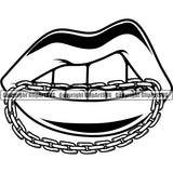 Lips Mouth Bottom Gold Teeth Bite Biting Gold Chain Necklace Design Element Gold Teeth Gangster Grill Thug Mean Mug Bling Jewelry Face Sexy Mouth Position Head Cartoon Character Mascot Creation Create Art Artwork Creator Business Company Logo Clipart SVG