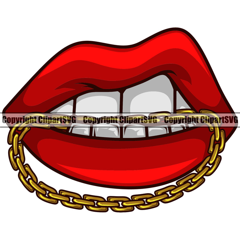 Lips Mouth Teeth Bite Biting Gold Chain Necklace Design Element Bottom Red Face Sexy Mouth Position Head Cartoon Character Mascot Creation Create Art Artwork Creator Business Company Logo Clipart SVG