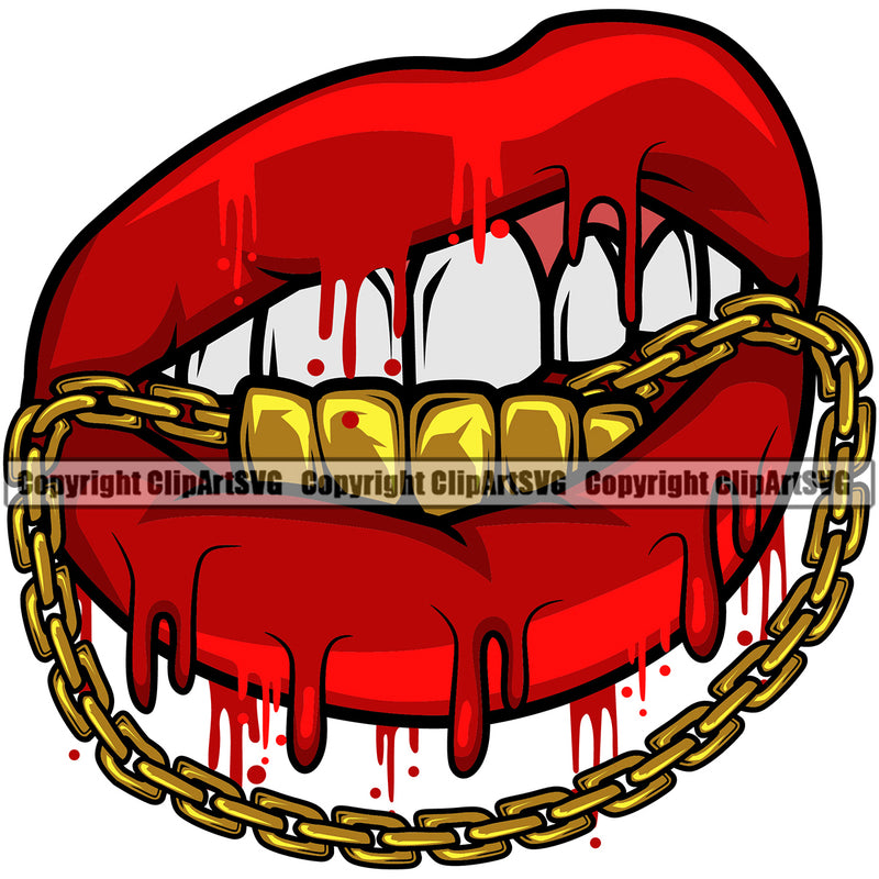 Lips Mouth Bite Biting Chain Gold Teeth Dripping Design Element Bottom Face Sexy Mouth Position Gangster Grill Thug Mean Mug Bling Jewelry Cartoon Character Mascot Creation Create Art Artwork Creator Business Company Logo Clipart SVG