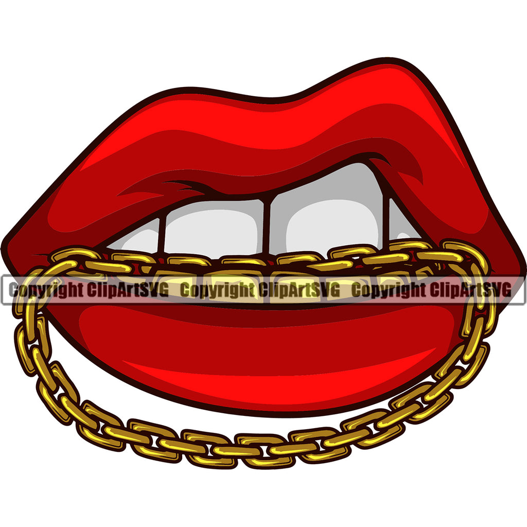 Lips Mouth Gold Teeth Bite Biting Gold Chain Necklace Design Element Bottom Color Face Sexy Mouth Position Gangster Grill Thug Mean Mug Bling Jewelry Cartoon Character Mascot Creation Create Art Artwork Creator Business Company Logo Clipart SVG
