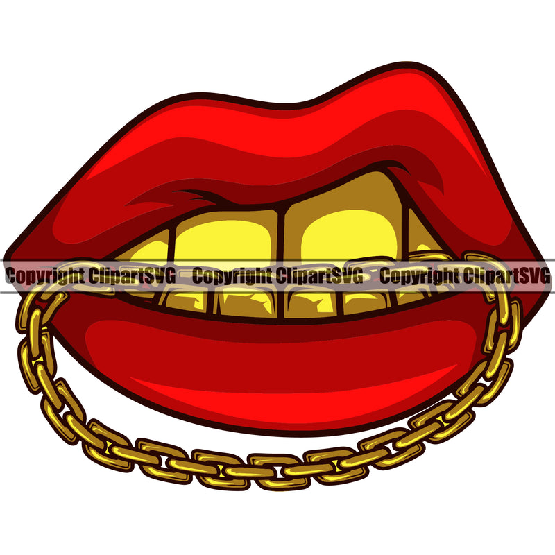 Lips Mouth Gold Teeth Bite Biting Gold Chain Necklace Design Element Bottom Red Face Sexy Mouth Gangster Grill Thug Mean Mug Bling Jewelry Head Cartoon Mascot Creation Art Artwork Creator Business Company Logo Clipart SVG