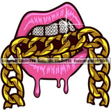 Lips Mouth Gold Teeth Bite Biting Dripping Chain Design Element Diamond Face Sexy Gangster Grill Thug Mean Mug Bling Jewelry Position Head Cartoon Character Mascot Creation Create Art Artwork Creator Business Company Logo Clipart SVG