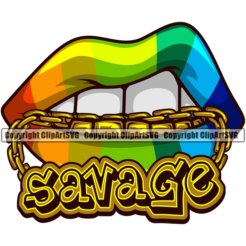 Lips Bite Biting Chain Necklace Charm Savage Gold Teeth Lips Kiss Rainbow Color Gay Lesbian LGBT Flag Design Element Face Gangster Grill Thug Mean Mug Bling Jewelry Mouth Head Cartoon Character Create Art Artwork Creator Business Company Logo Clipart SVG