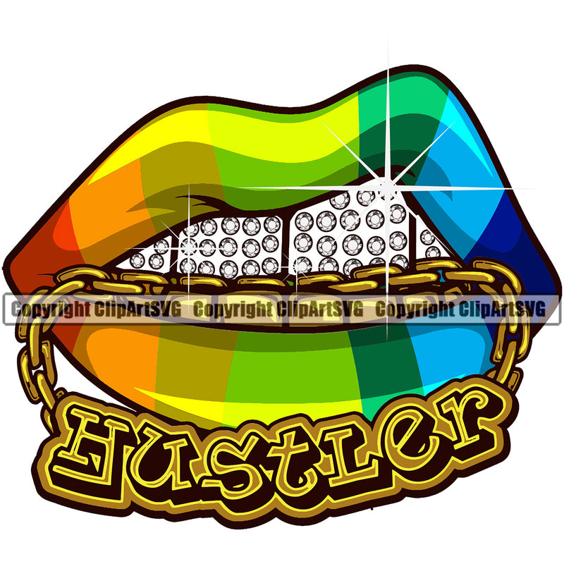 Lips Bite Biting Chain Necklace Gold Teeth Charm Hustler Lips Kiss Bite Lip Rainbow Color Gay Lesbian LGBT Flag Design Element Face Male Man Boy Diamond Gangster Grill Jewelry Mouth Head Cartoon Character Art Artwork Business Company Logo Clipart SVG