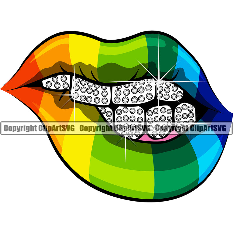 Lips Rainbow Lips Kiss Bite Lip Rainbow Color Gay Lesbian LGBT Flag Dripping Diamond Teeth Design Element Face Sexy Mouth Position Head Cartoon Character Mascot Creation Create Art Artwork Creator Business Company Logo Clipart SVG