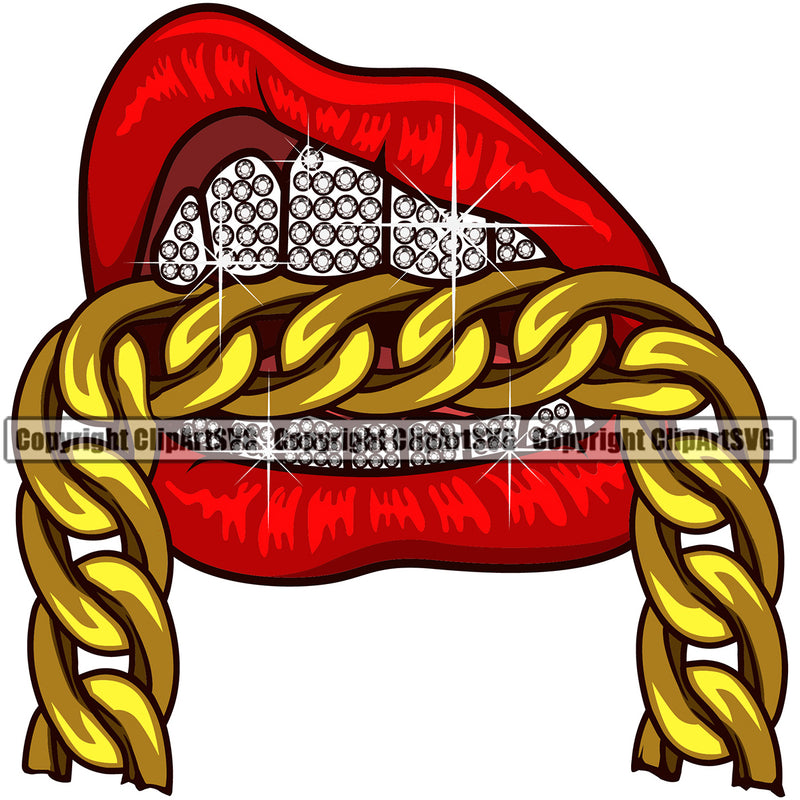 Lips Bite Biting Chain Diamond Teeth Design Bottom Element Face Sexy Mouth Position Head Cartoon Character Mascot Creation Create Art Artwork Creator Business Company Logo Clipart SVG