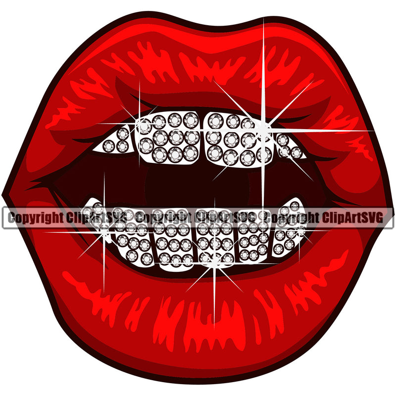 Lips Red Color Diamond Teeth White Design Element Face Woman Female Girl Lady Mouth Position Head Cartoon Character Mascot Creation Create Art Artwork Creator Business Company Logo Clipart SVG