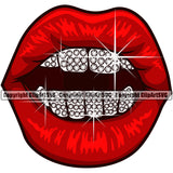 Lips Red Color Diamond Teeth White Design Element Face Woman Female Girl Lady Mouth Position Head Cartoon Character Mascot Creation Create Art Artwork Creator Business Company Logo Clipart SVG