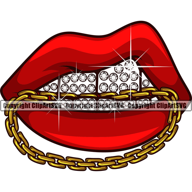 Lips Gold Chain Diamond Teeth Design Element Red Color Face Sexy Mouth Head Character Mascot Creation Create Art Artwork Creator Business Company Logo Clipart SVG