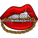 Lips Gold Chain Diamond Teeth Design Element Red Color Face Sexy Mouth Head Character Mascot Creation Create Art Artwork Creator Business Company Logo Clipart SVG