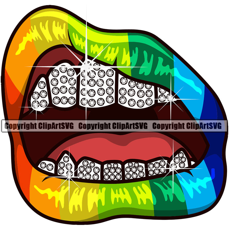 Lips Rainbow Lips Kiss Bite Lip Rainbow Color Gay Lesbian LGBT Flag Color Diamond Teeth Design Element White Sexy Mouth Position Woman Female Girl Lady Head Cartoon Character Mascot Creation Create Art Artwork Creator Business Company Logo Clipart SVG