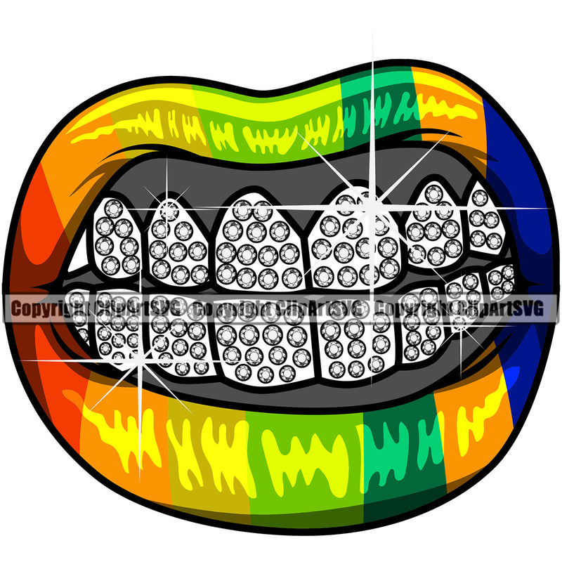 Lips Rainbow Lips Kiss Bite Lip Rainbow Color Gay Lesbian LGBT Flag Color Diamond Teeth Design Element Face Sexy Mouth Position Head Cartoon Character Mascot Creation Create Art Artwork Creator Business Company Logo Clipart SVG