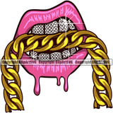 Lips Bite Biting Gold Necklace Chain Diamond Drip Dripping Teeth Design Element Face Sexy Mouth Position Head Cartoon Character Mascot Creation Create Art Artwork Creator Business Company Logo Clipart SVG