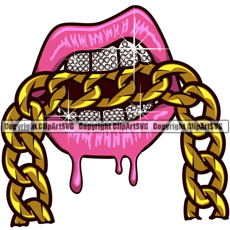 Lips Bite Biting Gold Necklace Chain Diamond Teeth Object Pink Dripping Design Element Face Sexy Mouth Position Head Cartoon Character Mascot Creation Create Art Artwork Creator Business Company Logo Clipart SVG