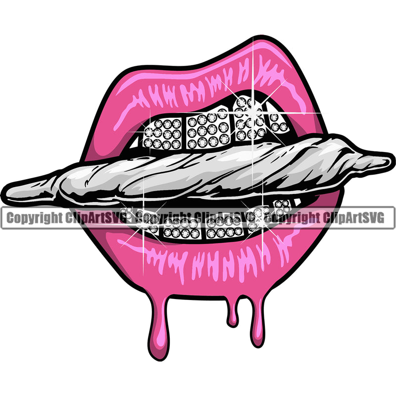 Lips Diamond Teeth Object Marijuana Pot Joint Blunt Cigar Cigarette Pink Dripping Design Element Face Sexy Mouth Position Head Cartoon Character Mascot Creation Create Art Artwork Creator Business Company Logo Clipart SVG