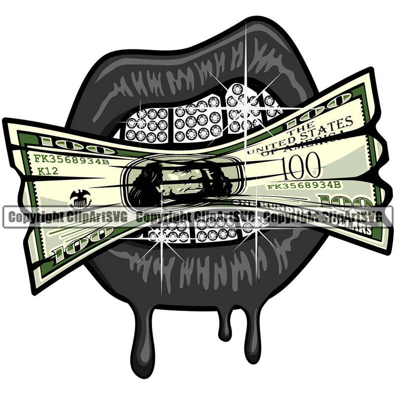 Lips $100 Dollar Bill Cash Money Diamond Teeth Design Element Face Sexy Mouth Position Head Cartoon Character Mascot Creation Create Art Artwork Creator Business Company Logo Clipart SVG