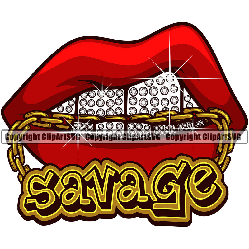 Lips Bite Biting Necklace Diamond Teeth Gold Chain Savage Design Element Face Sexy Mouth Position Head Cartoon Character Mascot Creation Create Art Artwork Creator Business Company Logo Clipart SVG
