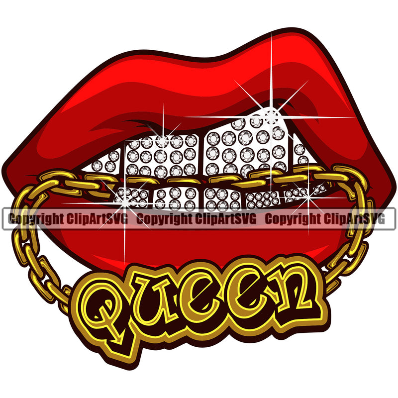 Lips Bite Biting Necklace Diamond Teeth Queen Text Design Element Face Sexy Position Head Cartoon Character Mascot Creation Create Art Artwork Creator Business Company Logo Clipart SVG
