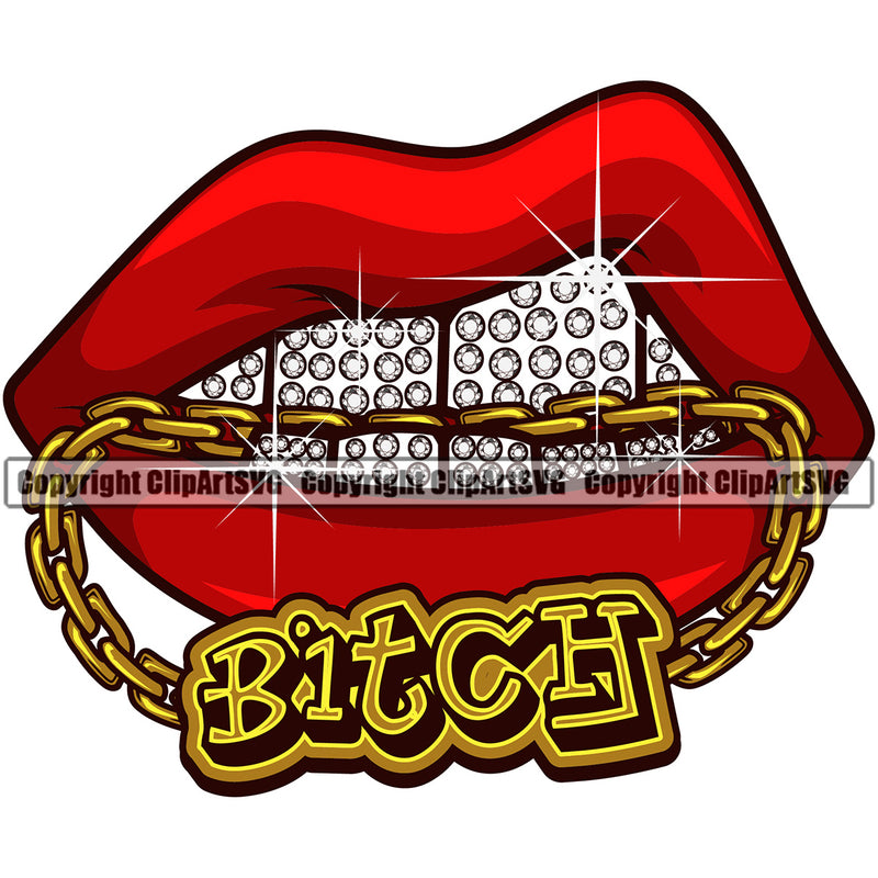 Lips Bite Biting Necklace Diamond Teeth Cold Chain Bitch Text Design Element Cartoon Character Mascot Creation Create Art Artwork Creator Business Face Sexy Mouth Position Head Logo Clipart SVG