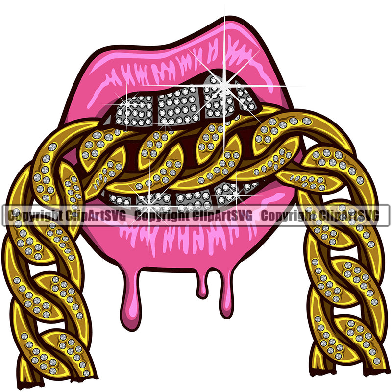 Lips Pink Dripping Gold Bite Biting Chain Design Diamond Teeth Element Face Sexy Mouth Position Head Cartoon Character Mascot Creation Create Art Artwork Creator Business Company Logo Clipart SVG