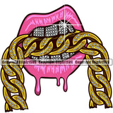 Lips Pink Dripping Gold Bite Biting Chain Design Diamond Teeth Element Face Sexy Mouth Position Head Cartoon Character Mascot Creation Create Art Artwork Creator Business Company Logo Clipart SVG