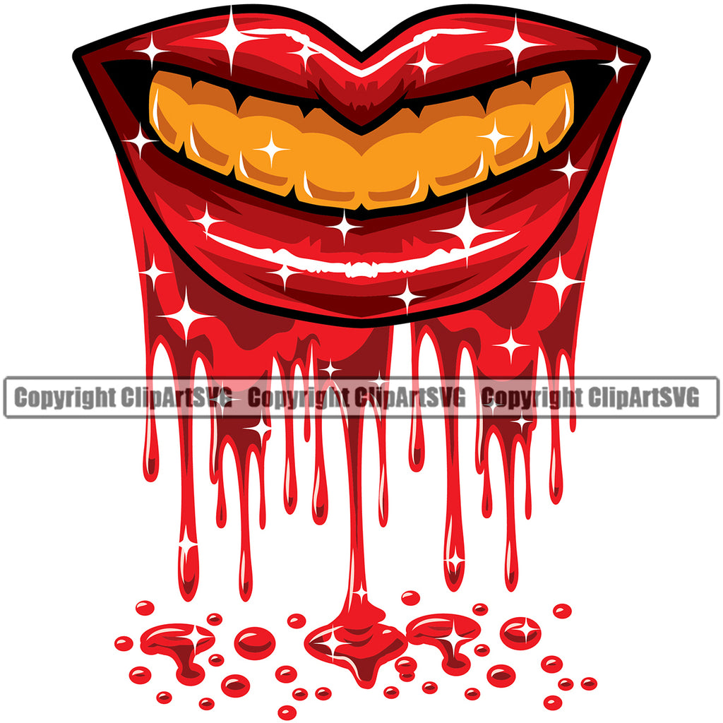 Lips Blood Drip Bloody Dripping Horror Shine Gold Teeth Color Design Element Face Sexy Mouth Position Head Cartoon Character Mascot Creation Create Art Artwork Creator Business Company Logo Clipart SVG