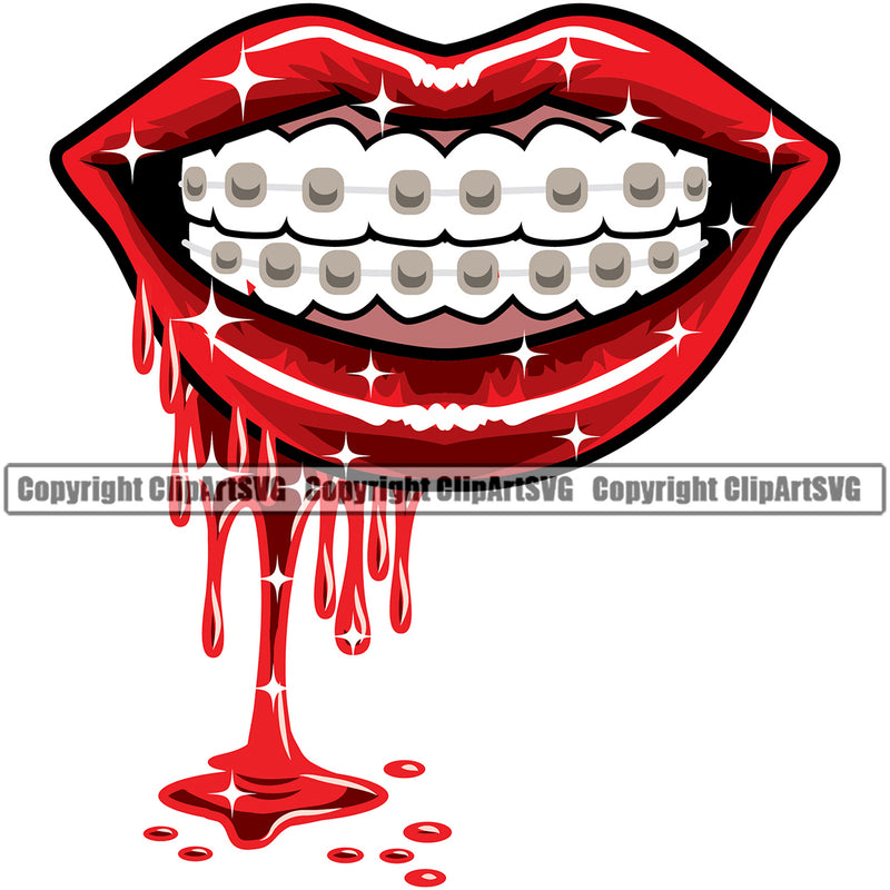 Lips Shine Braces Blood Drip Bloody Dripping Horror Design Element Face Sexy Mouth Position Color Blood Head Cartoon Character Mascot Creation Create Art Artwork Creator Business Company Logo Clipart SVG