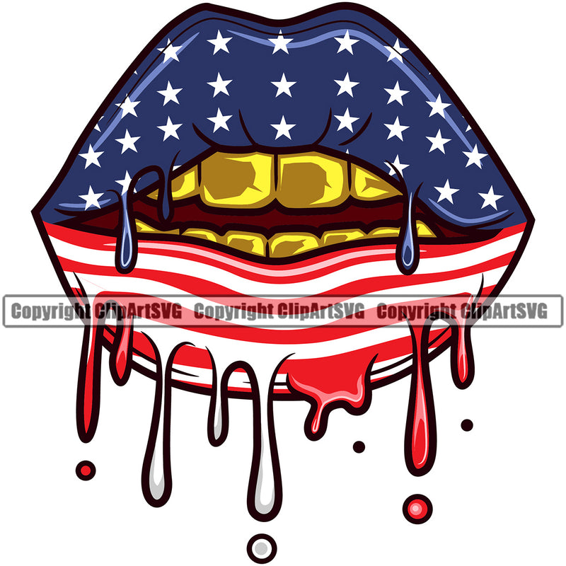 Lips USA Flag Drip Design Element Gold Teeth Face Sexy Mouth Position Gangster Grill Thug Mean Mug Bling Head Cartoon Character Mascot Creation Create Art Artwork Creator Business Company Logo Clipart SVG