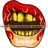 Lips Gold Teeth Hot Rod Flames Fire Flaming Burning Design Element Face Sexy Mouth Position Gangster Grill Thug Mean Mug Bling Jewelry Mascot Creation Create Art Artwork Creator Business Company Logo Clipart SVG