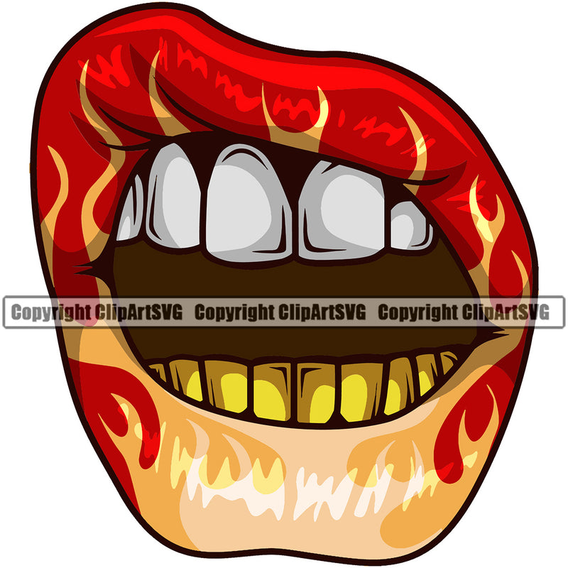 Lips Hot Rod Flames Fire Flaming Burning Gold Bottom Design Element Face Sexy Mouth Position Head Gangster Grill Thug Mean Mug Bling Jewelry Mascot Creation Create Art Artwork Creator Business Company Logo Clipart SVG