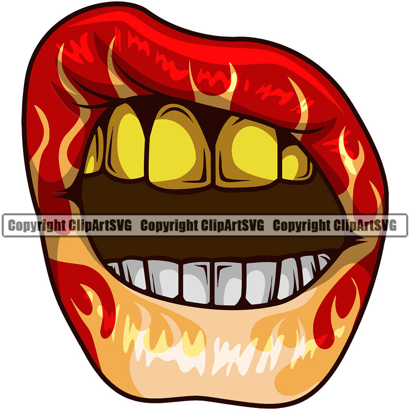 Lips Hot Rod Flames Fire Flaming Burning Top Gold Color Design Element Face Sexy Mouth Position Cartoon Mascot Creation Gangster Grill Thug Mean Mug Bling Jewelry Artwork Creator Business Company Logo Clipart SVG