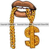 Lips Mouth Teeth Bite Biting Gold Chain Necklace Dollar Sign Design Element Face Sexy Position Cartoon Character Mascot Creation Create Art Artwork Creator Business Company Logo Clipart SVG