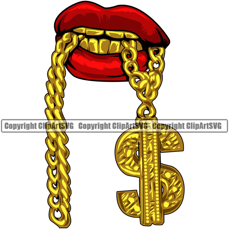 Lips Bite Biting Gold Chain Necklace Dollar Sign Teeth Design Element Face Sexy Mouth Position Gangster Grill Thug Mean Mug Bling Jewelry Cartoon Character Mascot Creation Create Art Artwork Creator Business Company Logo Clipart SVG