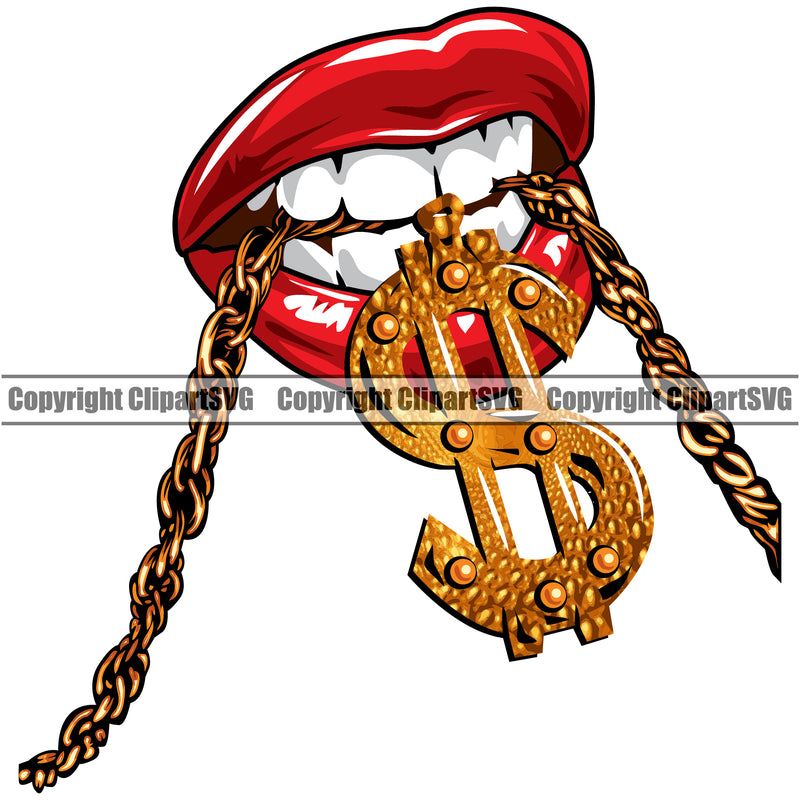 Lips Mouth Teeth Bite Biting Gold Chain Necklace Dollar Sign Design Element Face Sexy Mouth Position Head Cartoon Character Mascot Creation Create Art Artwork Creator Business Company Logo Clipart SVG