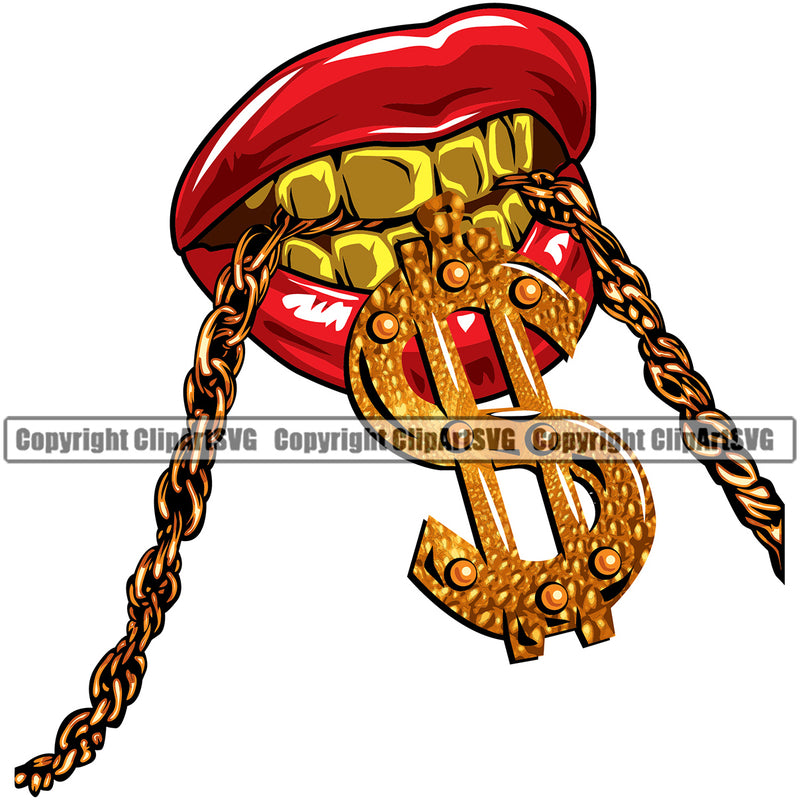 Lips Mouth Teeth Bite Biting Gold Teeth Chain Necklace Dollar Sign Design Element Face Sexy Position Gangster Grill Thug Mean Mug Bling Jewelry Cartoon Character Mascot Creation Create Art Artwork Creator Business Company Logo Clipart SVG